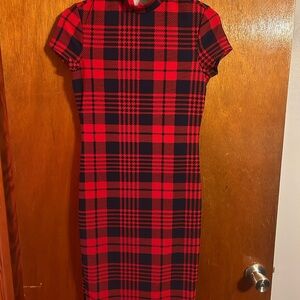 SHEIN Red Midi Sheath Dress with Short Sleeves and Mock Neck